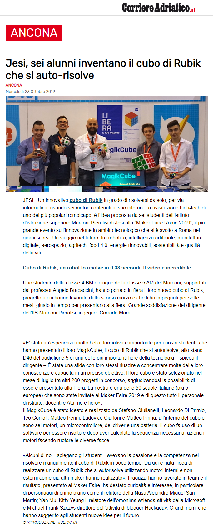 Articolo Corriere Adriatico 23.10.2019