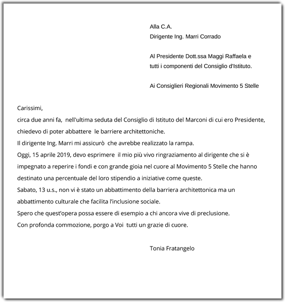 Lettera di ringraziamento dell'ex Presidente C.D.I. ITI Marconi Tonia Fratagelo